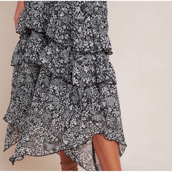 Anthro Maeve Black Floral Tiered Midi Dress Ruffle Boho Cottagecore Sleeveles M - Picture 4 of 7